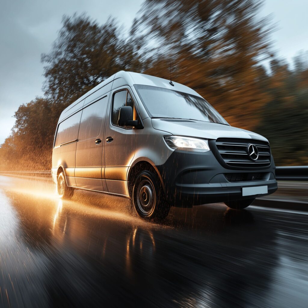 Mercedes driving in the rain